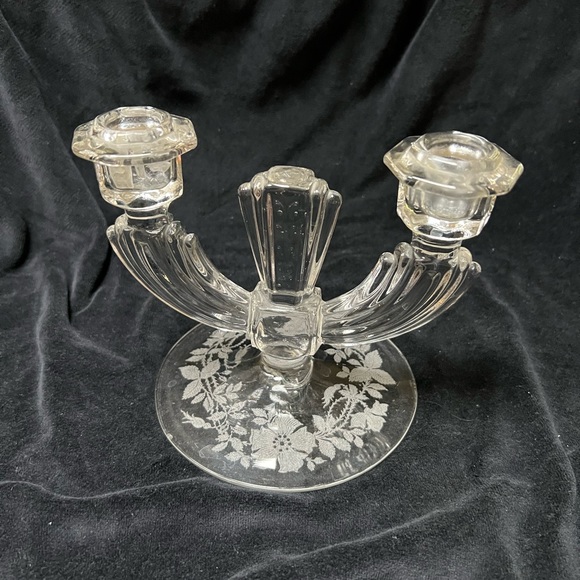 Lovely Vintage Tiffin Glass Double Light Candle Holder. Etched Flowers on base. - Picture 2 of 9